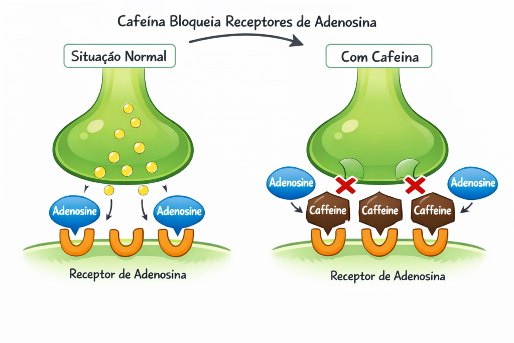 Ilustração simples do efeito da cafeína bloqueando receptores de adenosina