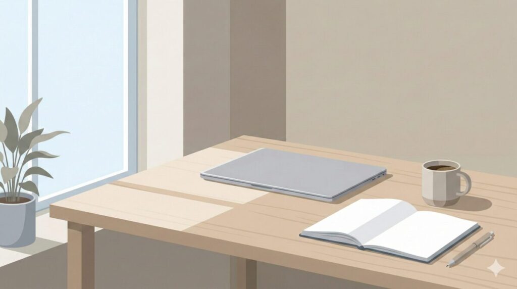 Ambiente de trabalho simples e organizado, representando foco, clareza mental e redução de distrações no dia a dia

