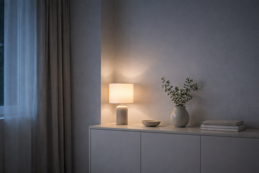 Luz suave ao entardecer representando a desaceleração e redução de estímulos na rotina noturna